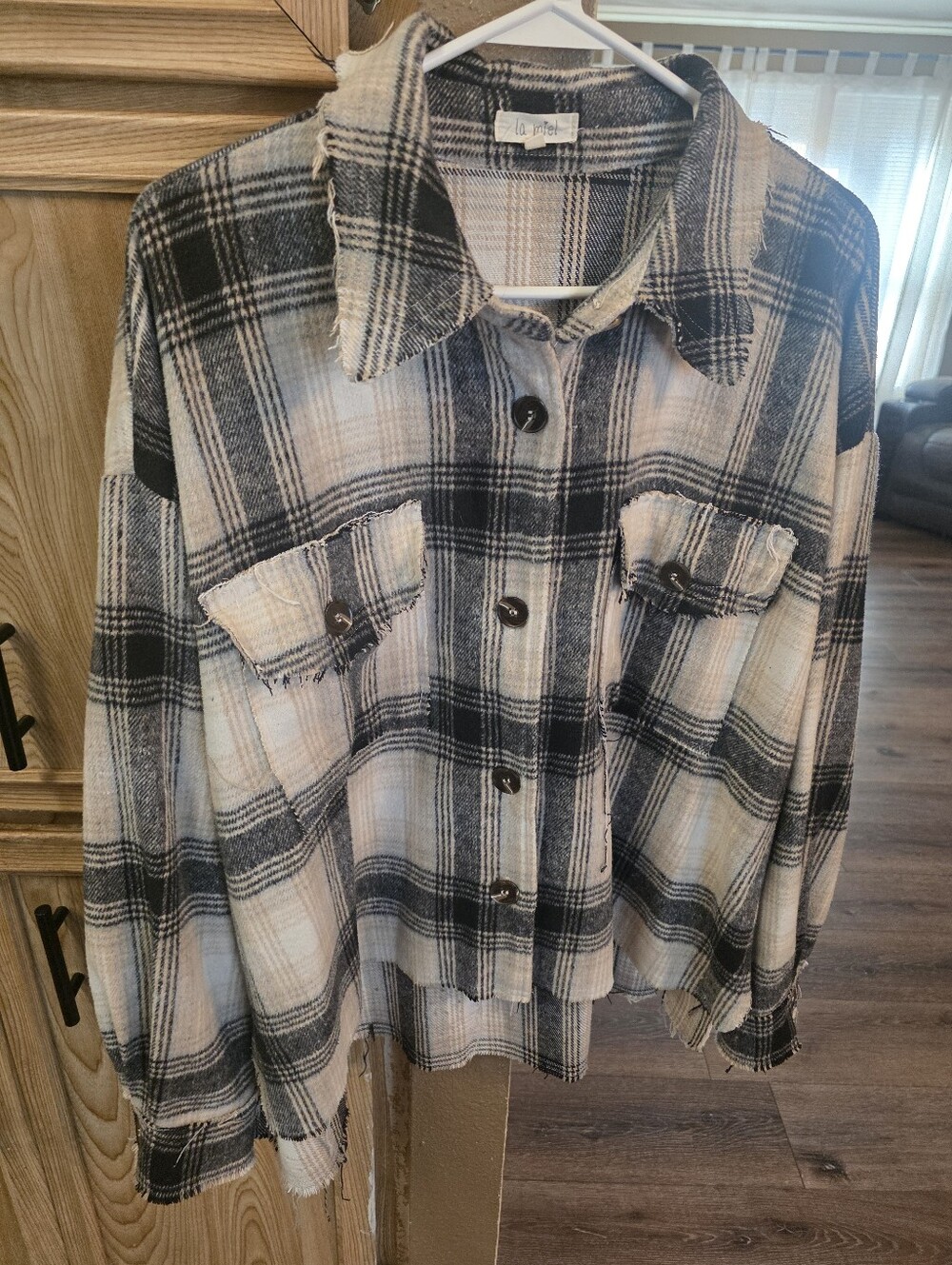 LA MIEL Cream and Black Plaid Utility Shacket